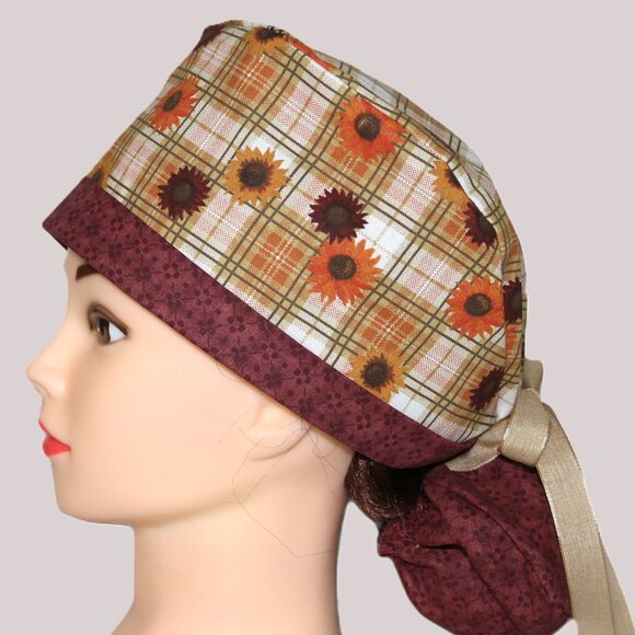 Womens Autumn Plaid Ponytail Scrub Cap, Handmade NWOT - Picture 4 of 7